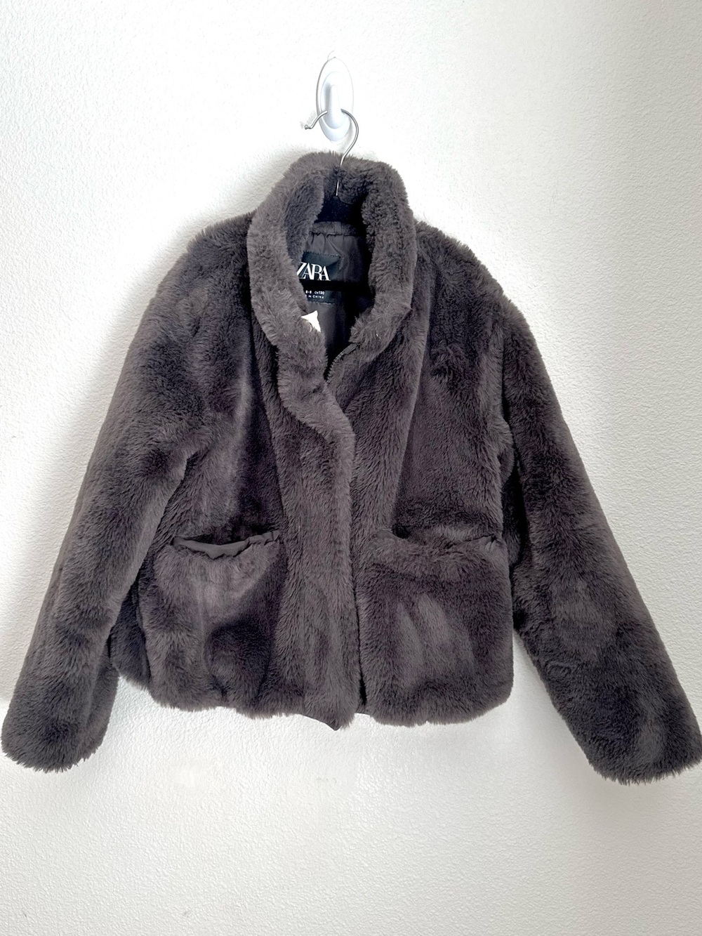 Zara Girls Charcoal Plush Faux Fur Coat Size 8-9